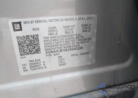 2018 Chevrolet Equinox Lt z USA, uszkodzony, nr VIN 3GNAXJEV8JS640100